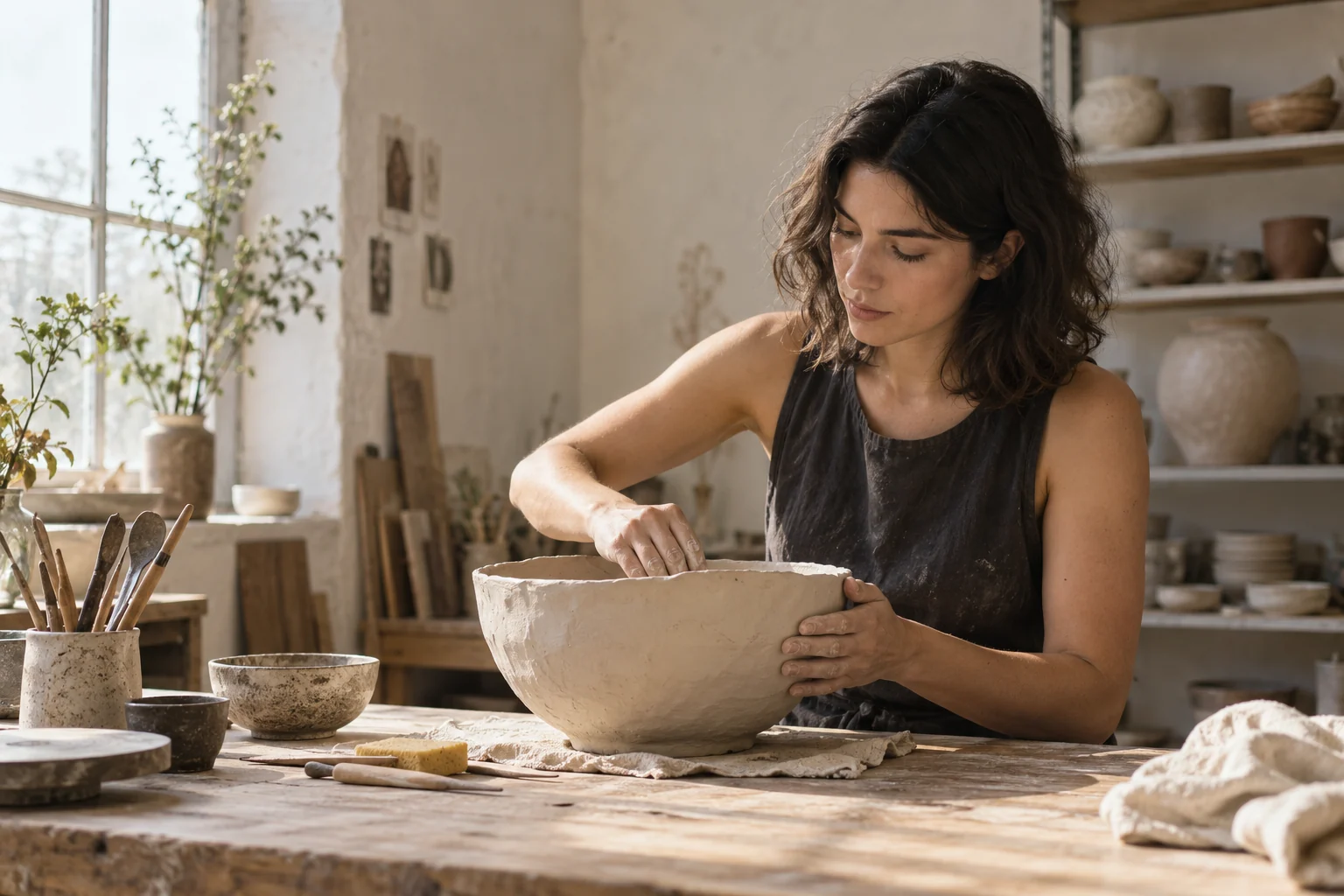 A ceramic artist working in her studio