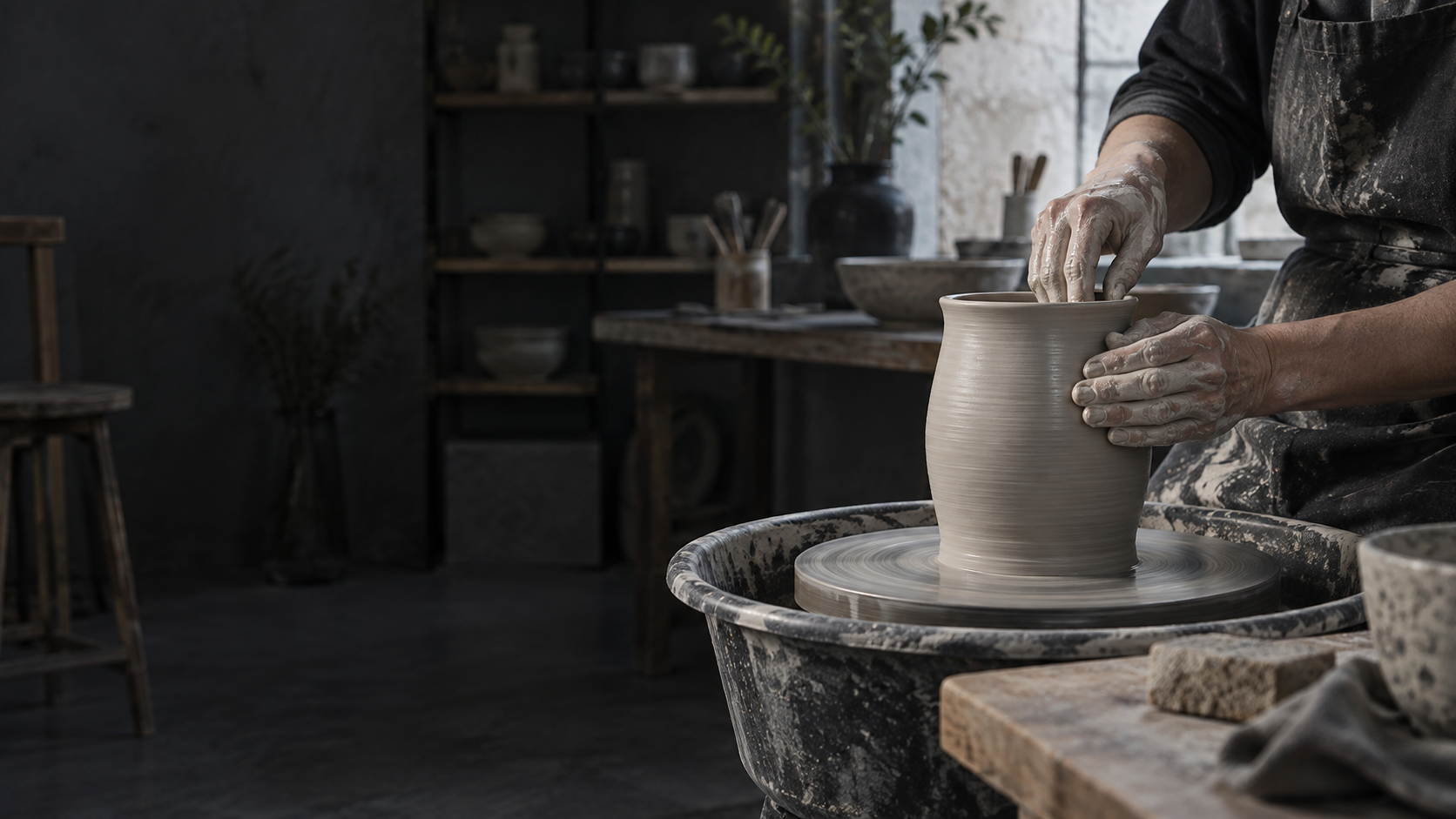 A ceramic artist shaping a clay vessel on a pottery wheel