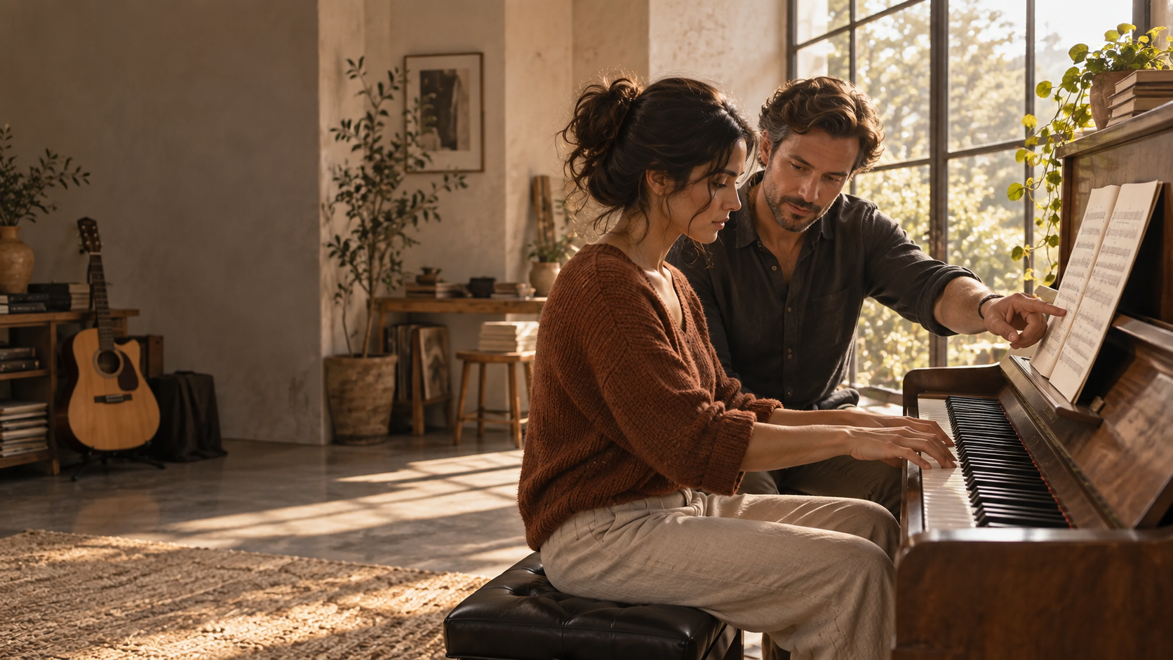 A teacher guiding an adult learner through a piano lesson