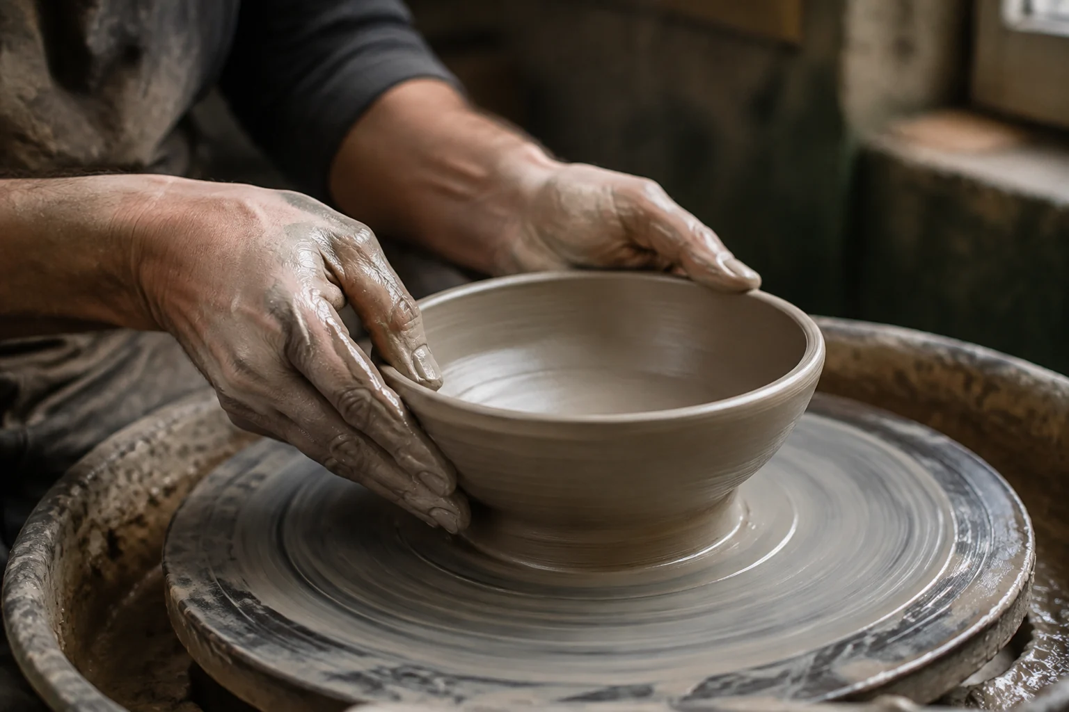 Hands shaping a clay bowl
